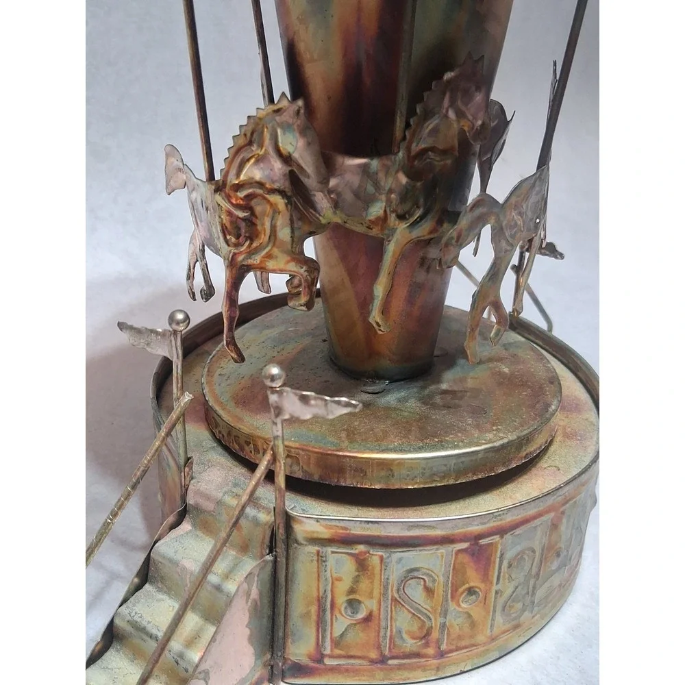 VTG Tin Copper Rotating Carousel Music Box Works 60's Brutalist Merry Go Round